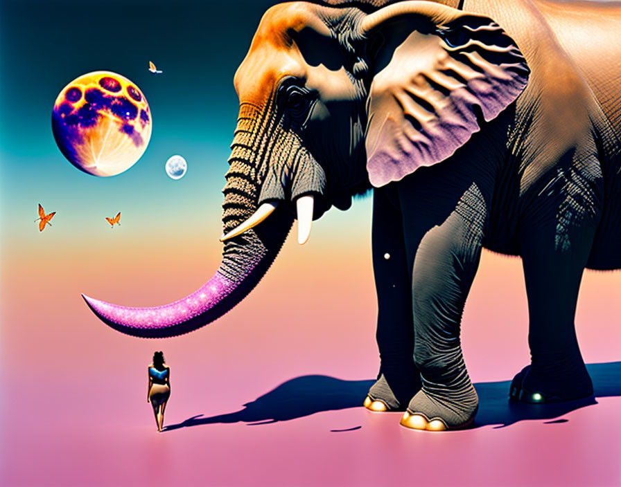 Surreal artwork: large elephant with sparkling tusk, tiny human figure, planet, and butterflies