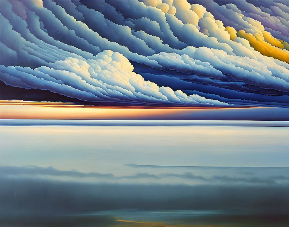 Layered Clouds Sunset Painting with Blue, Yellow, and White Hues