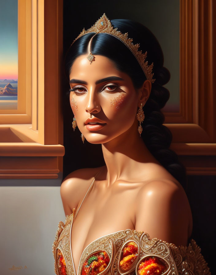 Woman with Tiara and Traditional Jewelry Gazing at Sunset Through Window