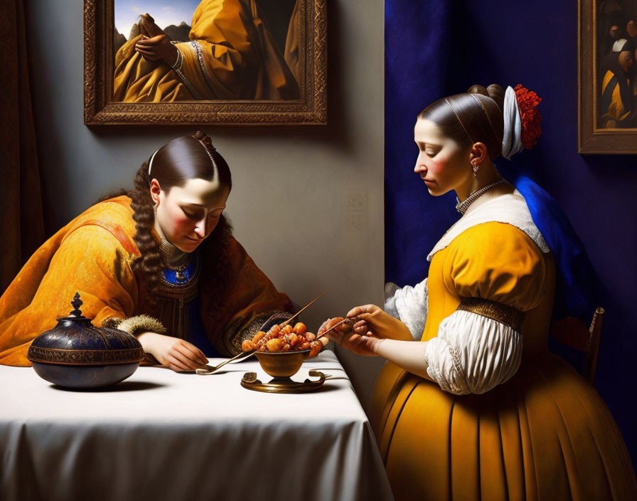 Two women in Renaissance attire at a table with a painting on the wall