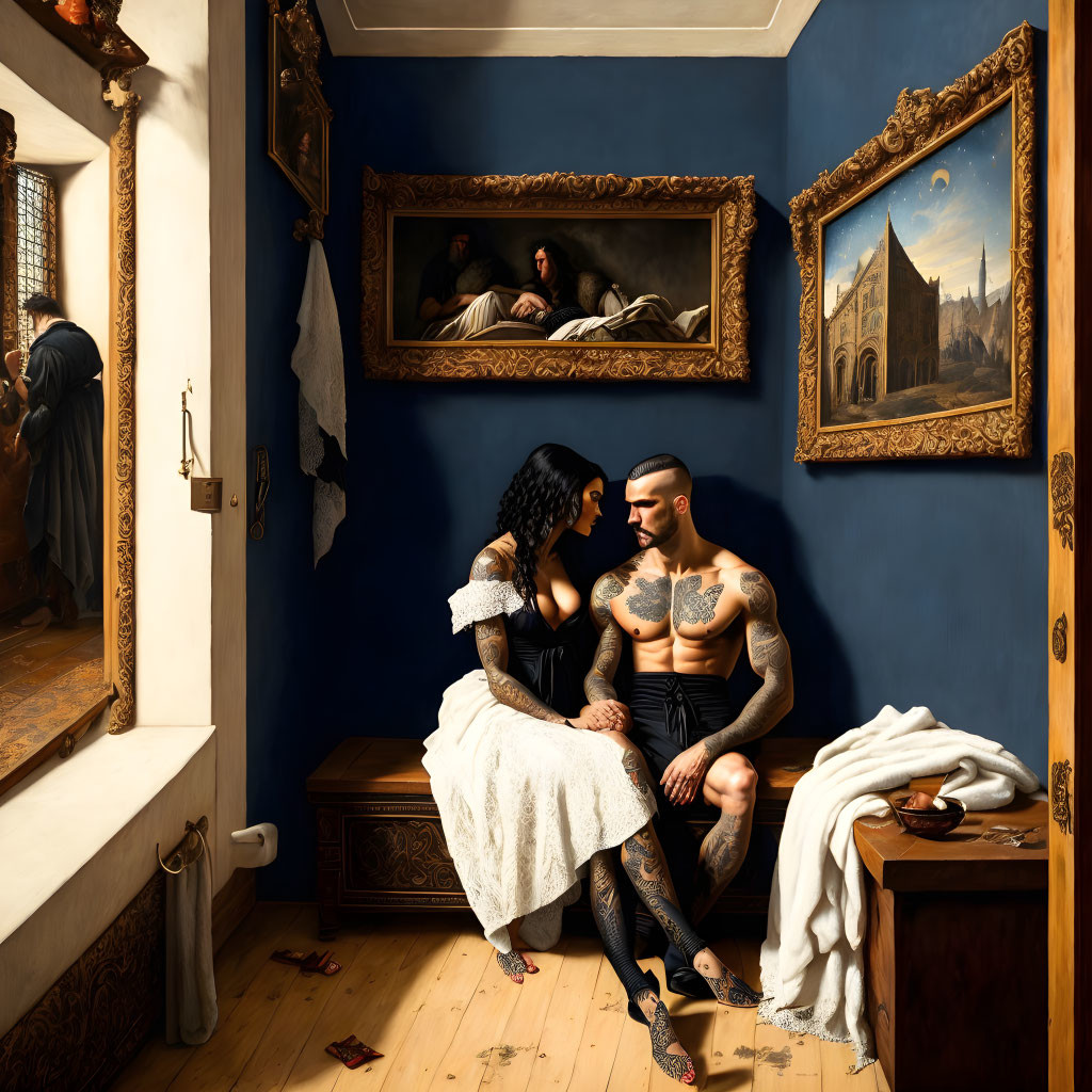 Tattooed couple in Renaissance-inspired room with classic paintings