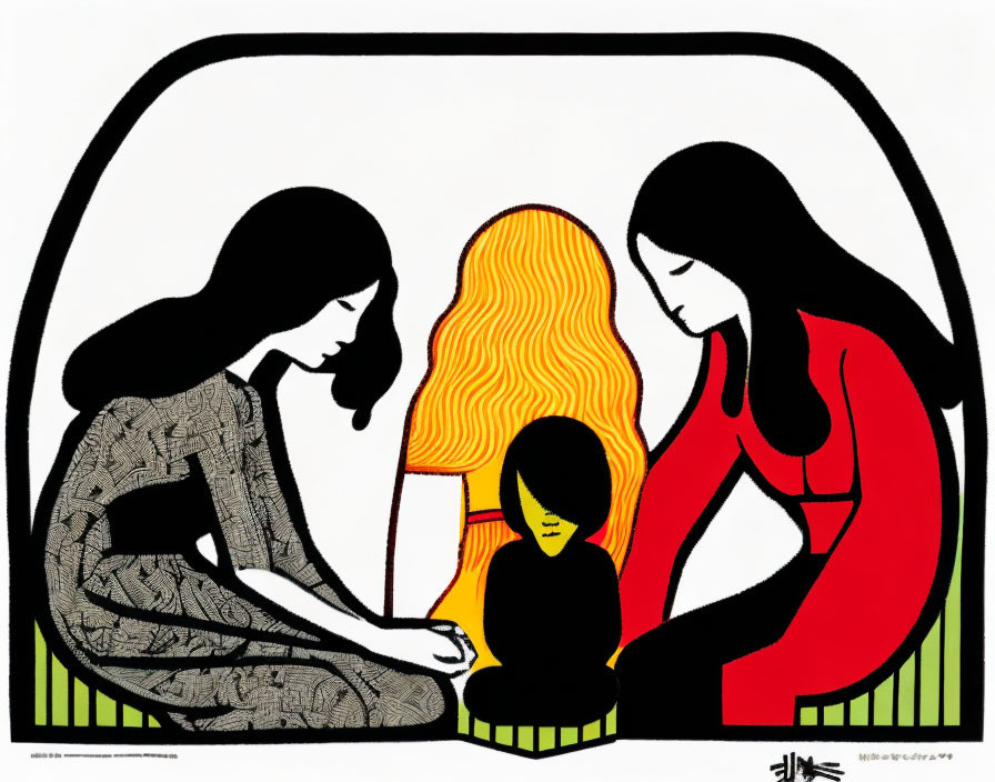 Stylized adult figures with long hair and child in bold lines and colors