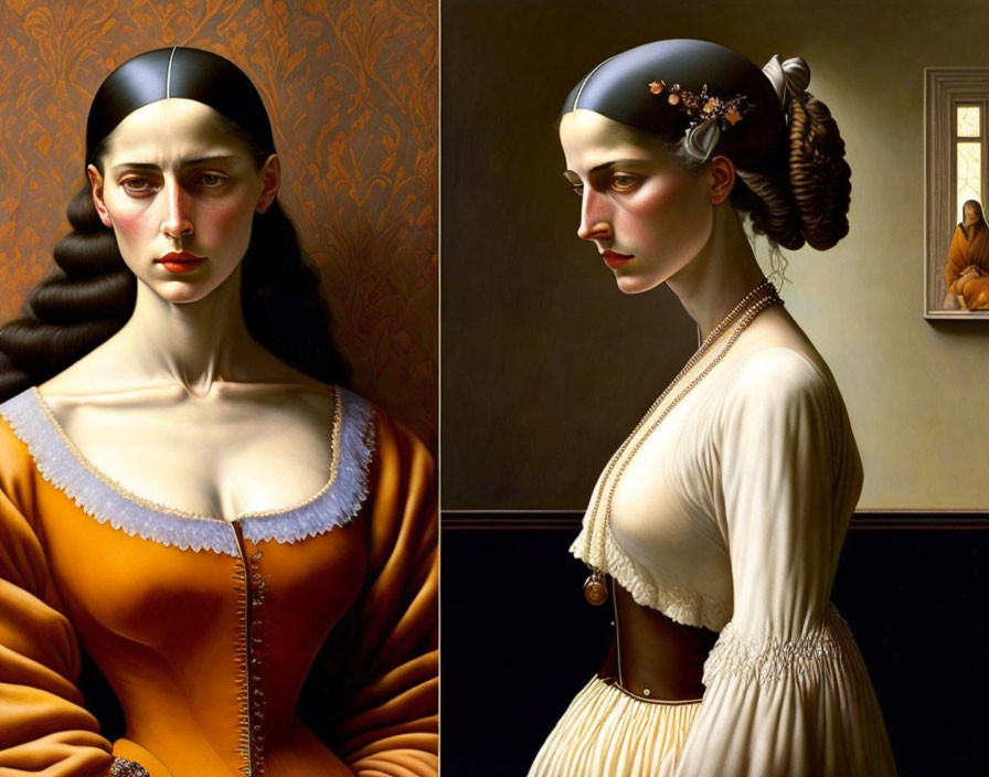 Stylized portraits of a woman in orange and beige dresses