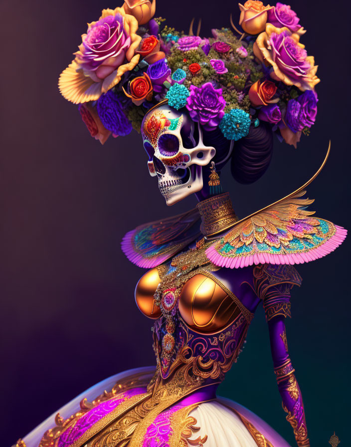 Colorful Stylized Skeleton with Floral Armor and Butterfly Wings