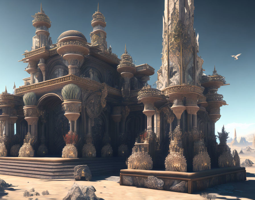 Fantasy desert palace with ornate spires and obelisk in sparse vegetation landscape