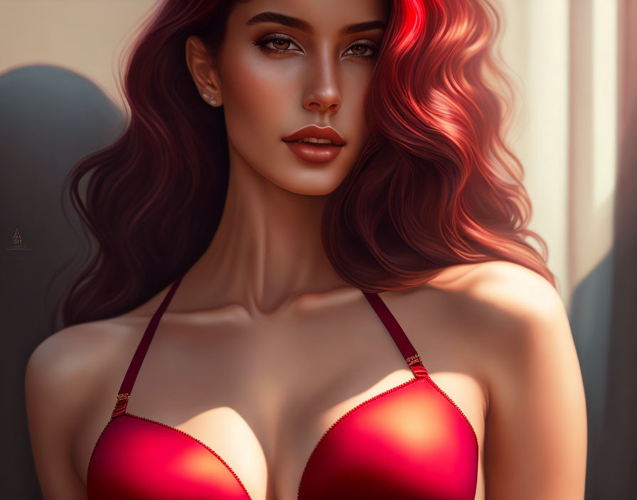 Digital Artwork: Woman with Red Hair and Striking Eyes in Red Top