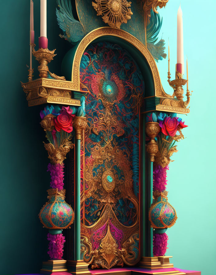 Baroque-style mirror with gold detailing and floral accents on teal background