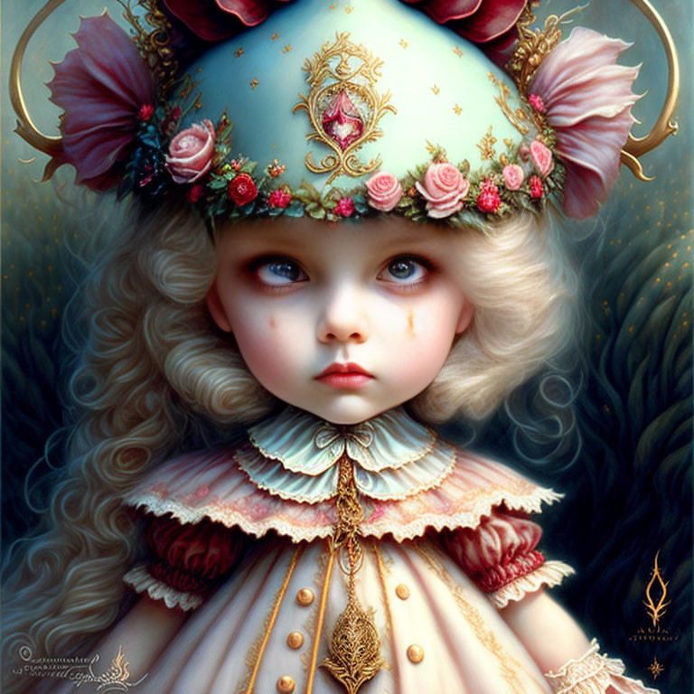 Wide-eyed girl with curly blonde hair in ornate floral headdress.