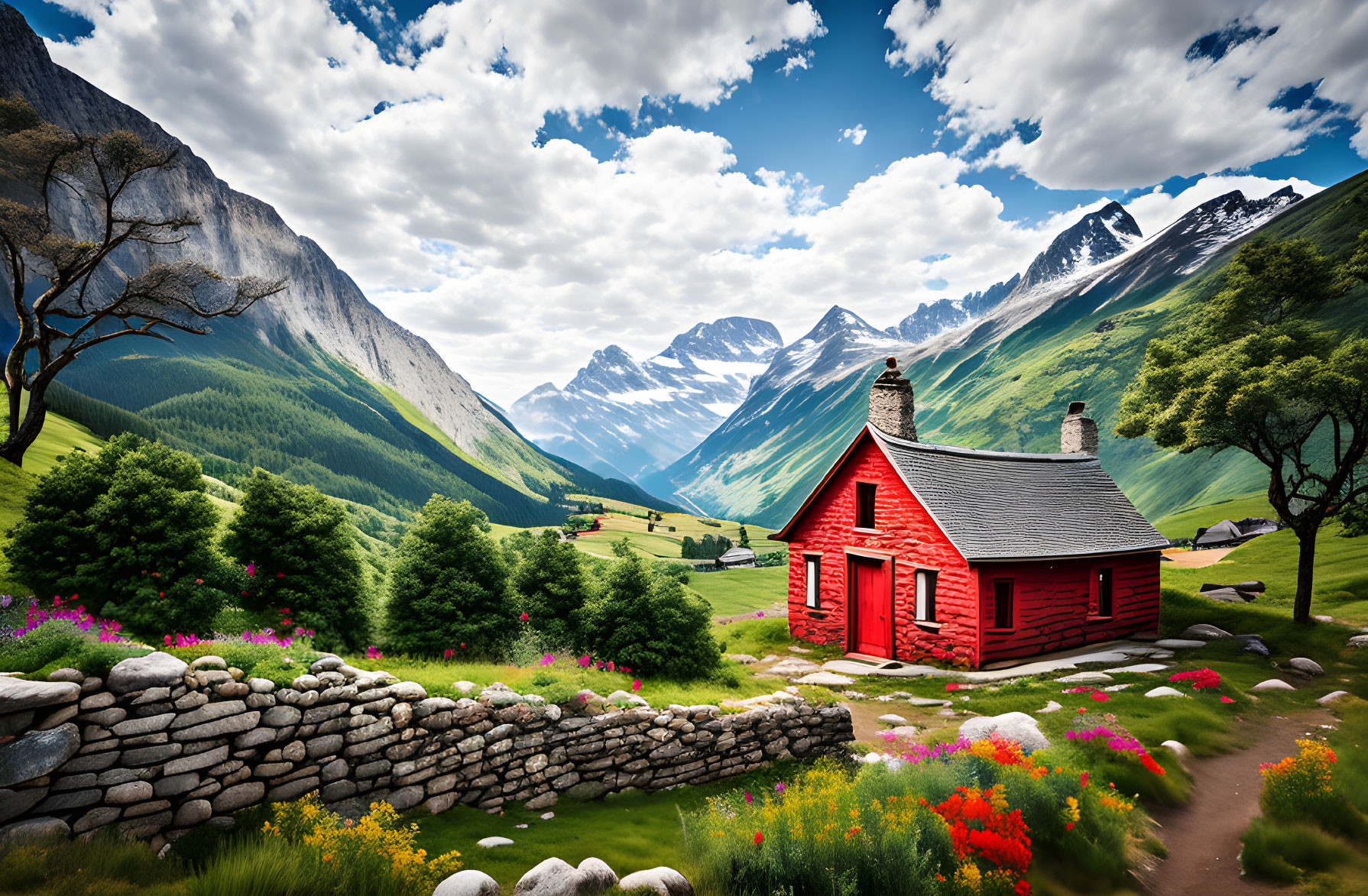 Red cabin, stone fence, green valley, mountains, dynamic sky