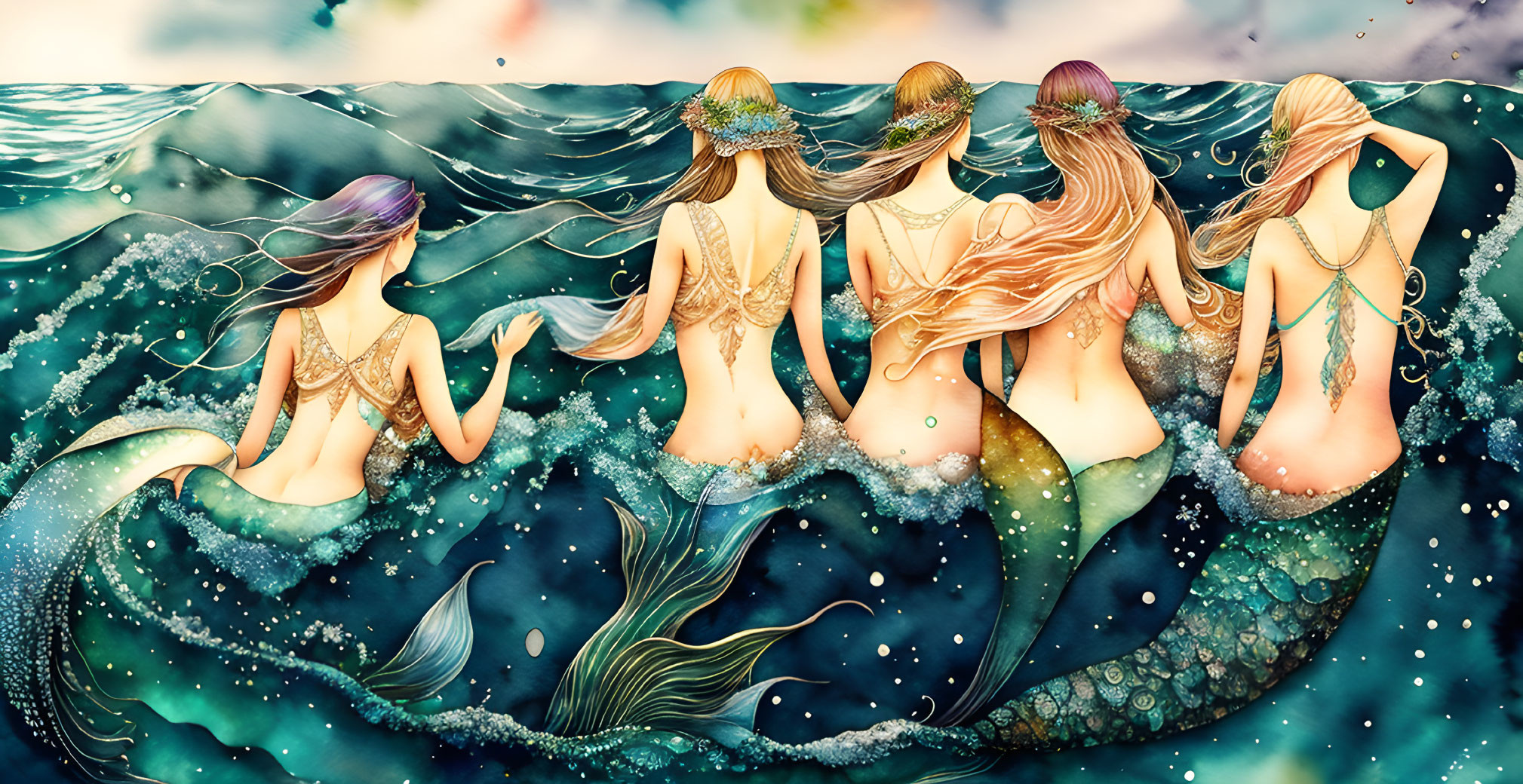 Five ornate-tailed mermaids with long hair on a rocky ocean, intricate designs.