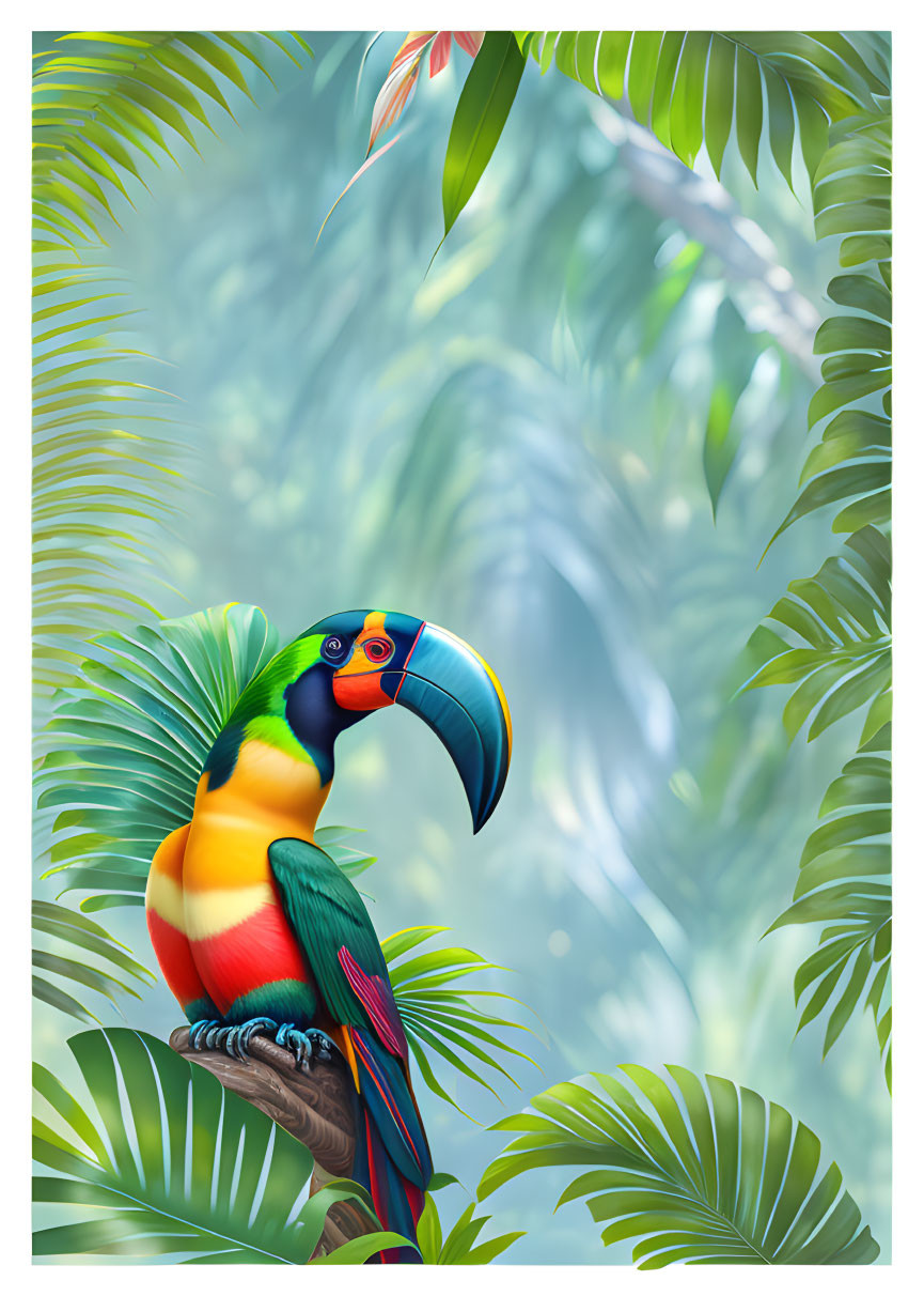 Colorful Toucan on Branch in Lush Tropical Setting