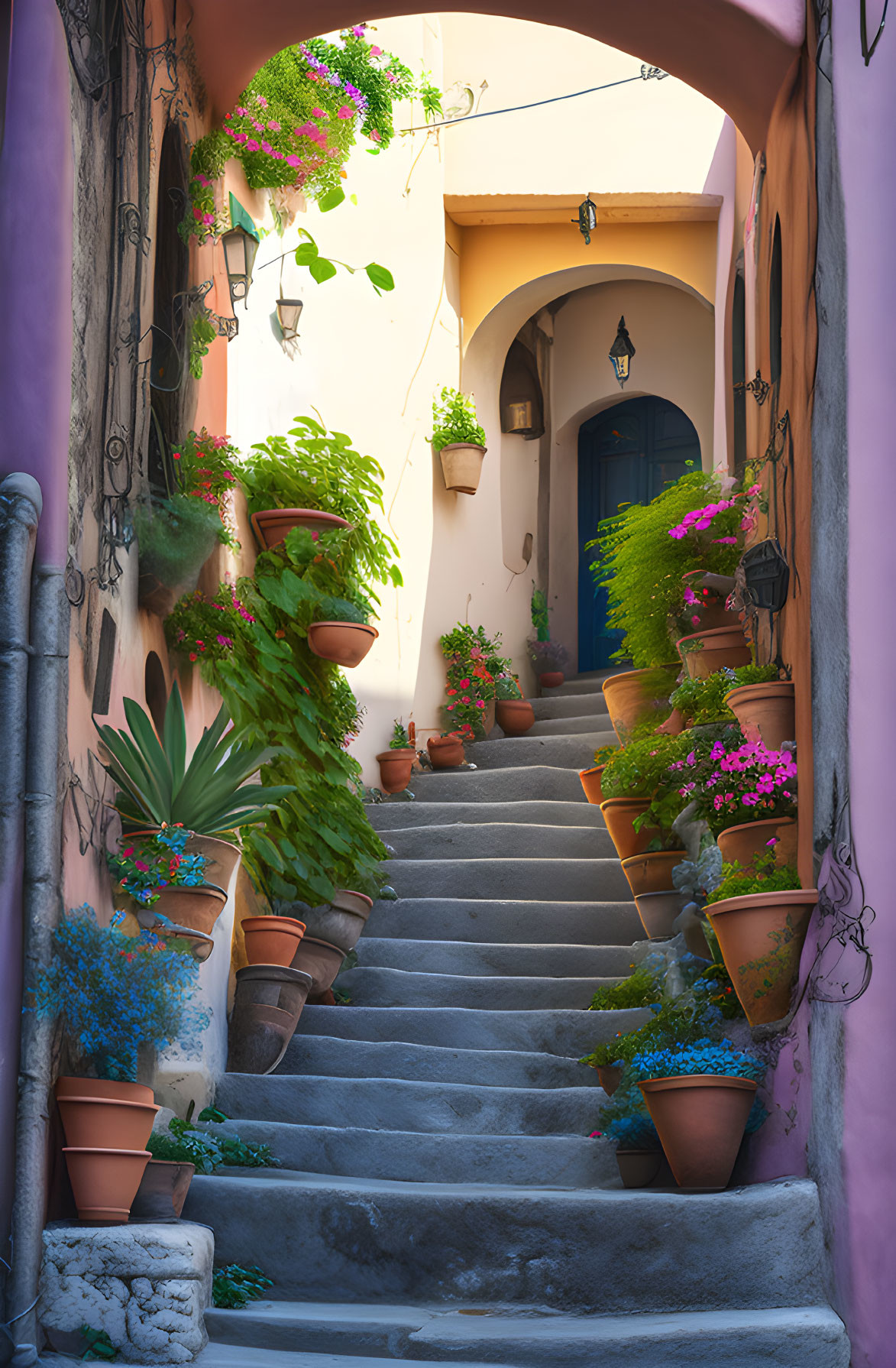 Narrow Alley with Steps and Potted Plants Leading to Blue Door