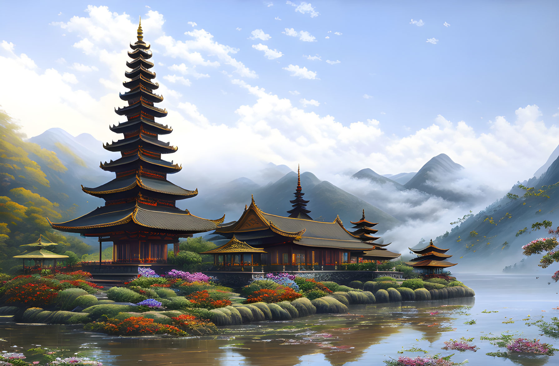 Asian Pagodas Surrounded by Gardens, Lake, and Foggy Mountains