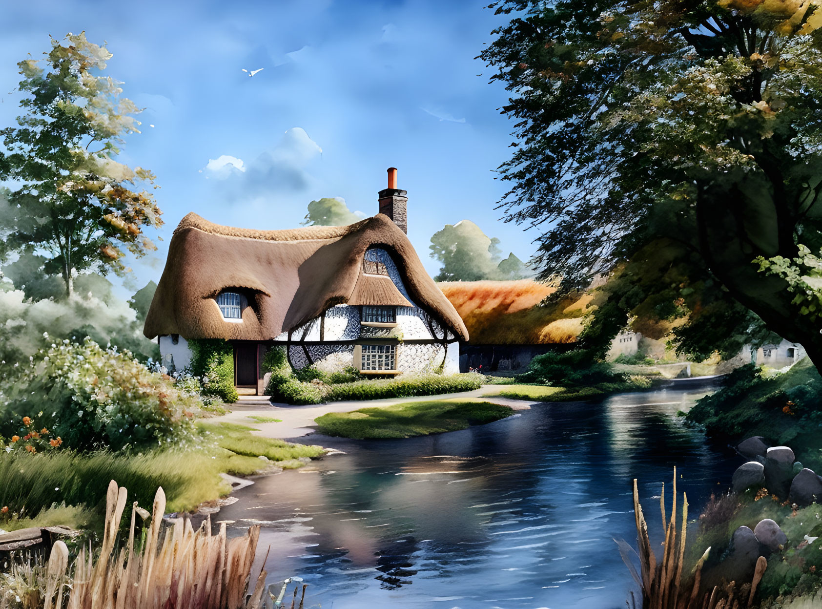 Thatched cottage by serene river amidst lush greenery