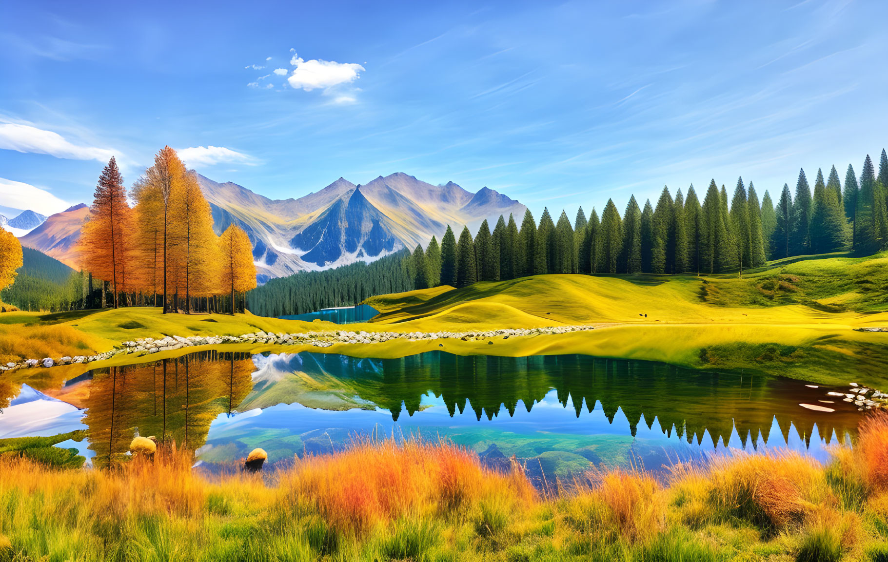 Scenic mountain landscape with autumn trees and reflective lake