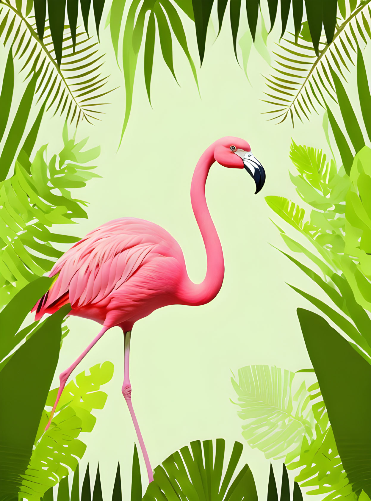 Vivid Pink Flamingo Among Tropical Leaves on Light Green Background