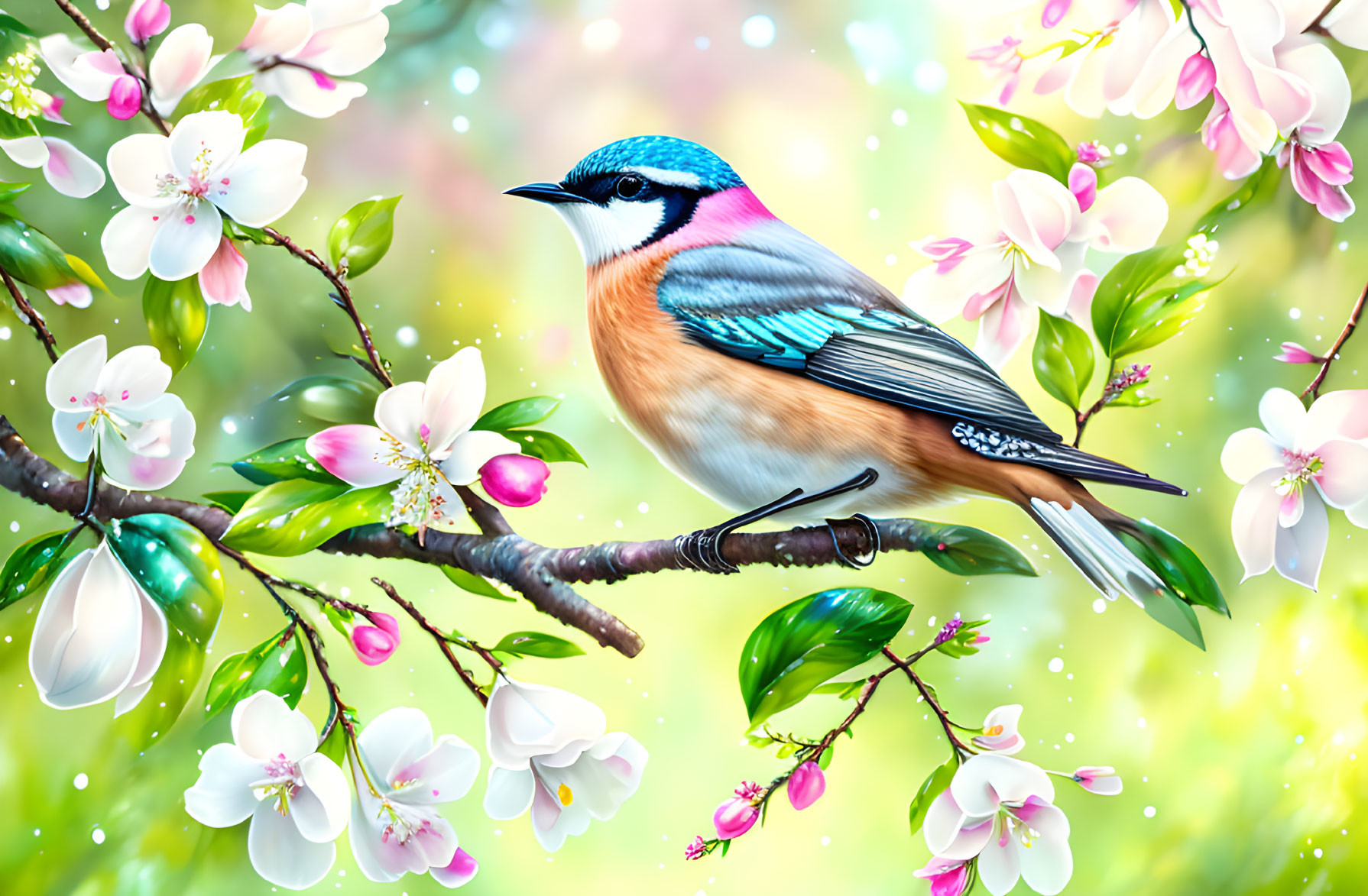 Colorful Bird Perched on Branch with Pink and White Flowers in Vibrant Illustration