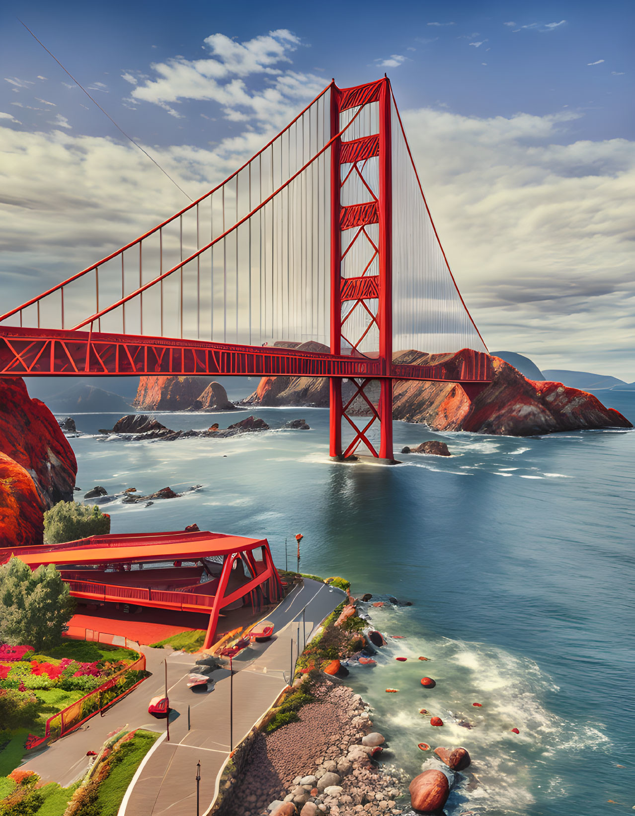 Iconic Golden Gate Bridge on a sunny day with blue skies and rocky shores