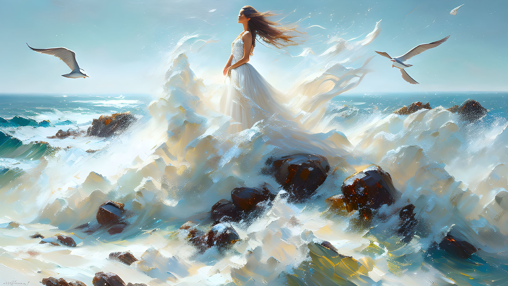 Woman in flowing dress on rock amidst turbulent sea waves with seagulls and bright sky