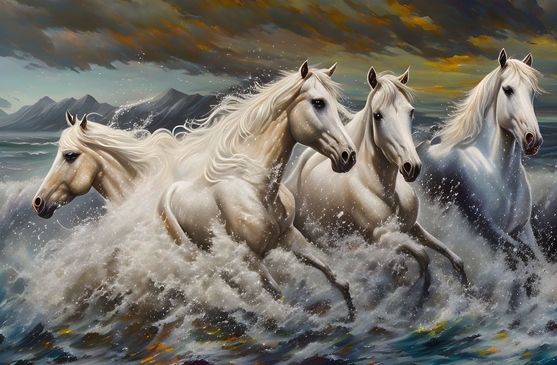 Majestic white horses galloping in ocean waves with cloudy sky & mountains.