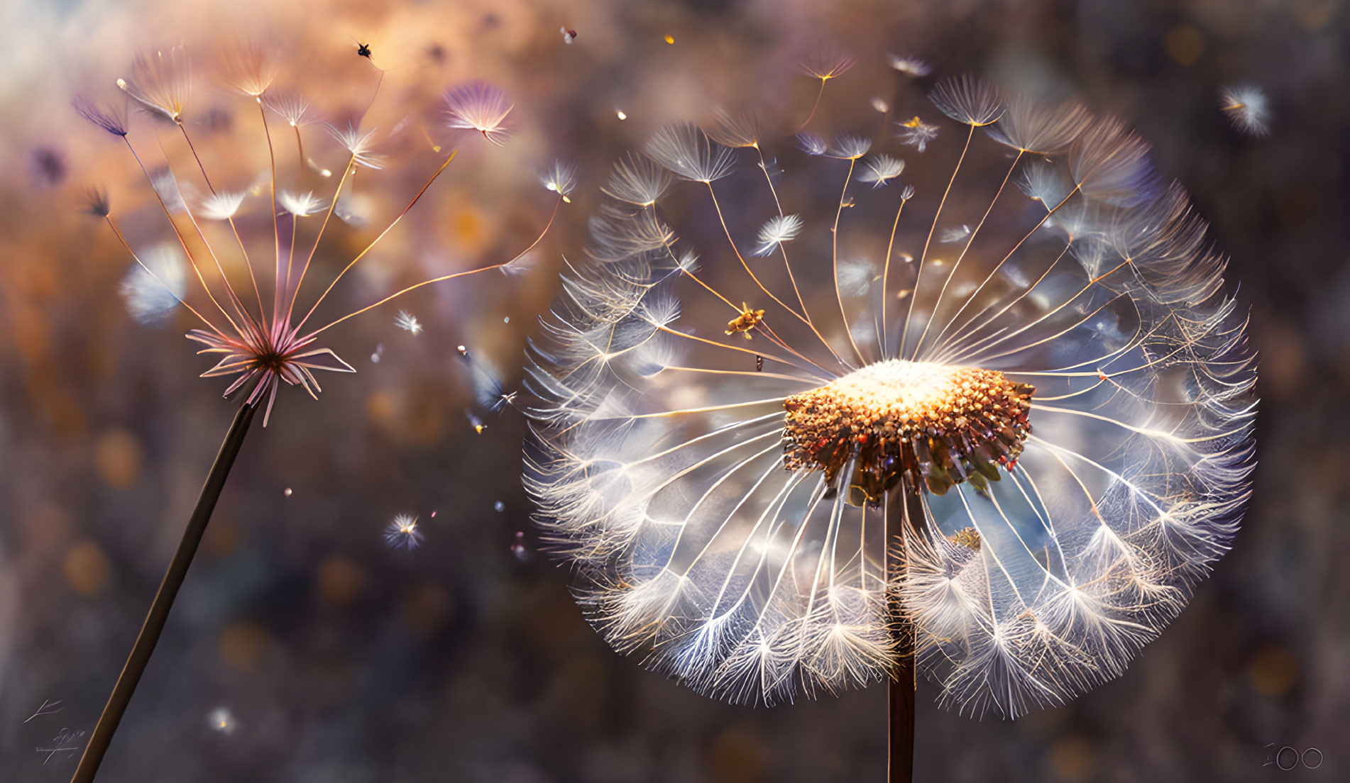 Detailed Close-up: Dandelions Seeds in the Wind