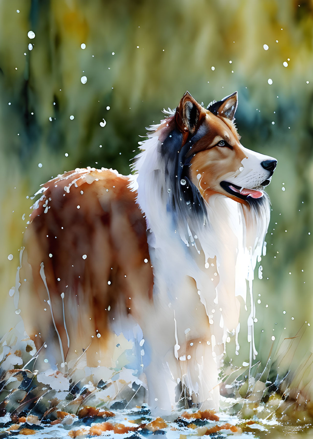 Shetland Sheepdog Watercolor Painting with Splashes in Natural Background