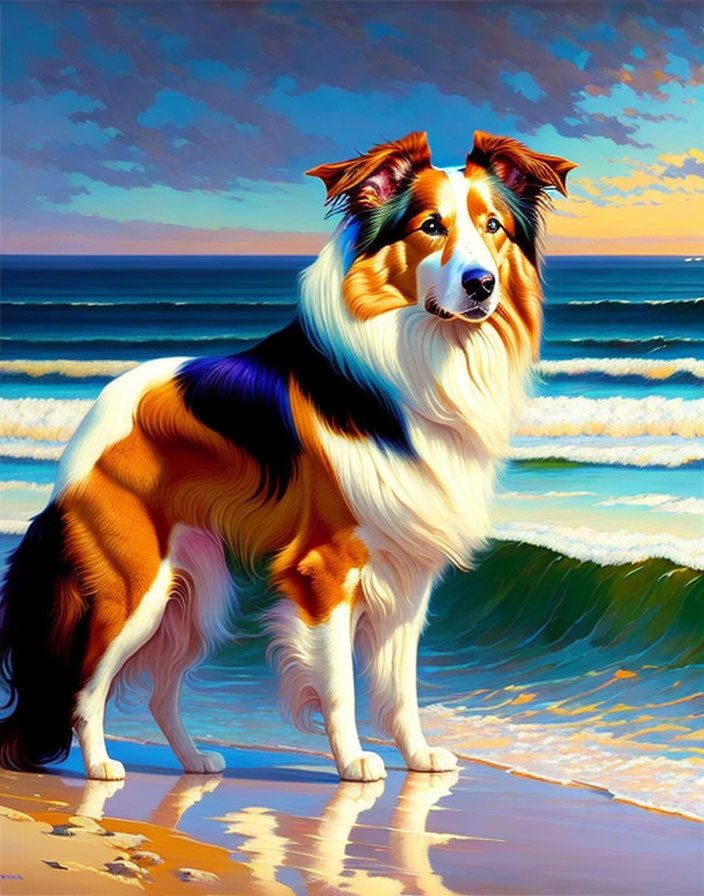 Colorful Painting: Shetland Sheepdog on Beach with Ocean Waves