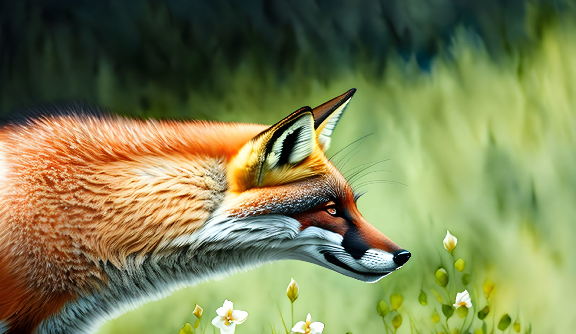 Detailed Red Fox Profile on Green Background with White Flowers