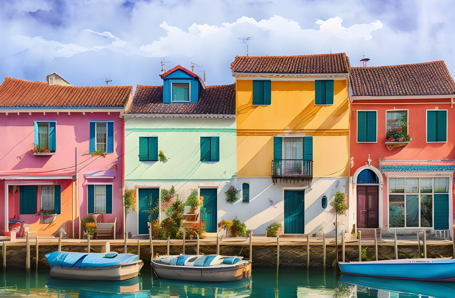 Vibrant canal houses and boats under blue sky with clouds