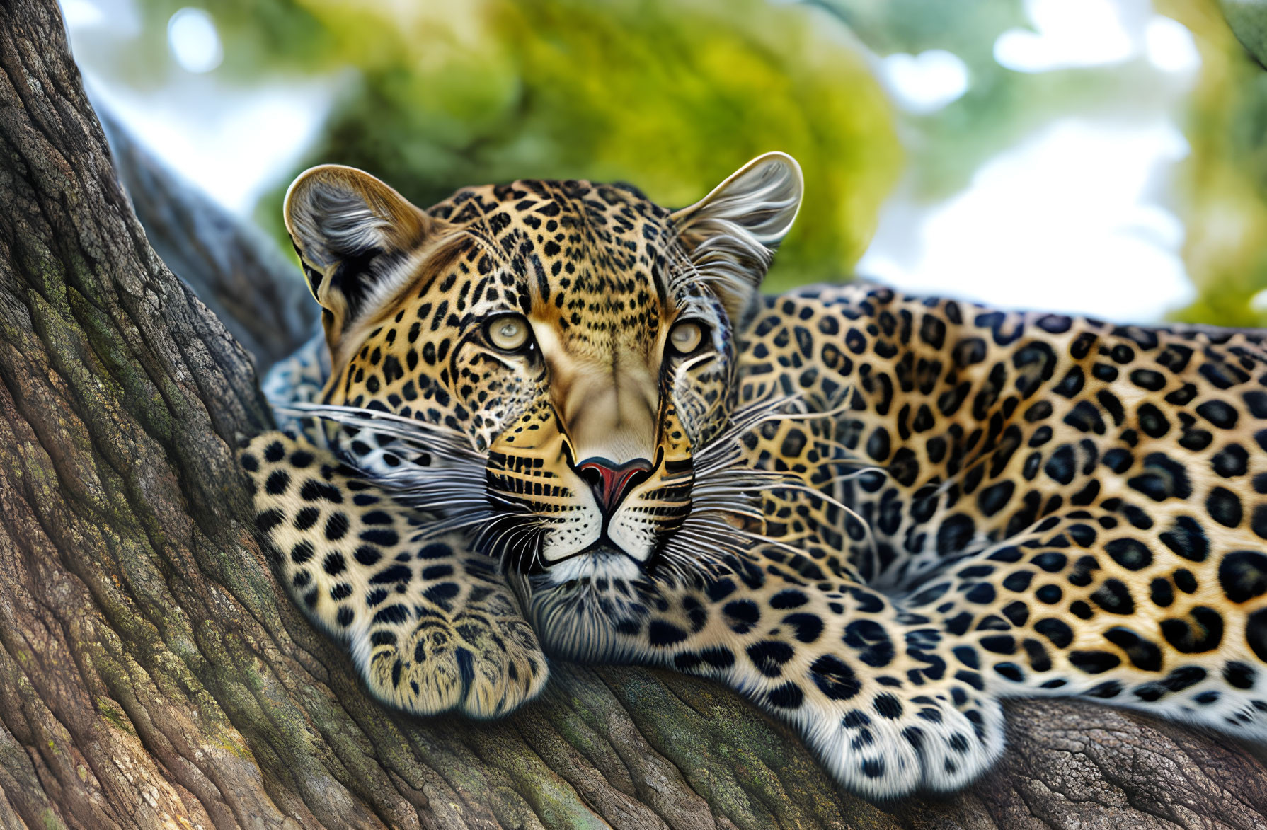 Leopard Resting on Tree Branch in Verdant Setting