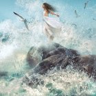 Woman in flowing dress on rock amidst turbulent sea waves with seagulls and bright sky