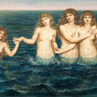 Five ornate-tailed mermaids with long hair on a rocky ocean, intricate designs.