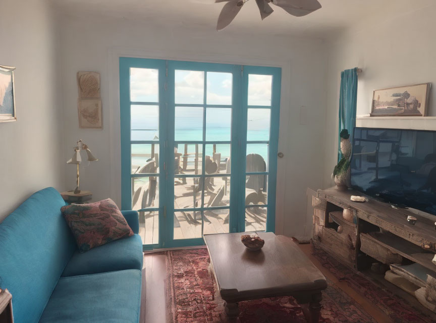 Beachfront room with turquoise sofa, wooden furniture, glass doors, and sea view balcony.