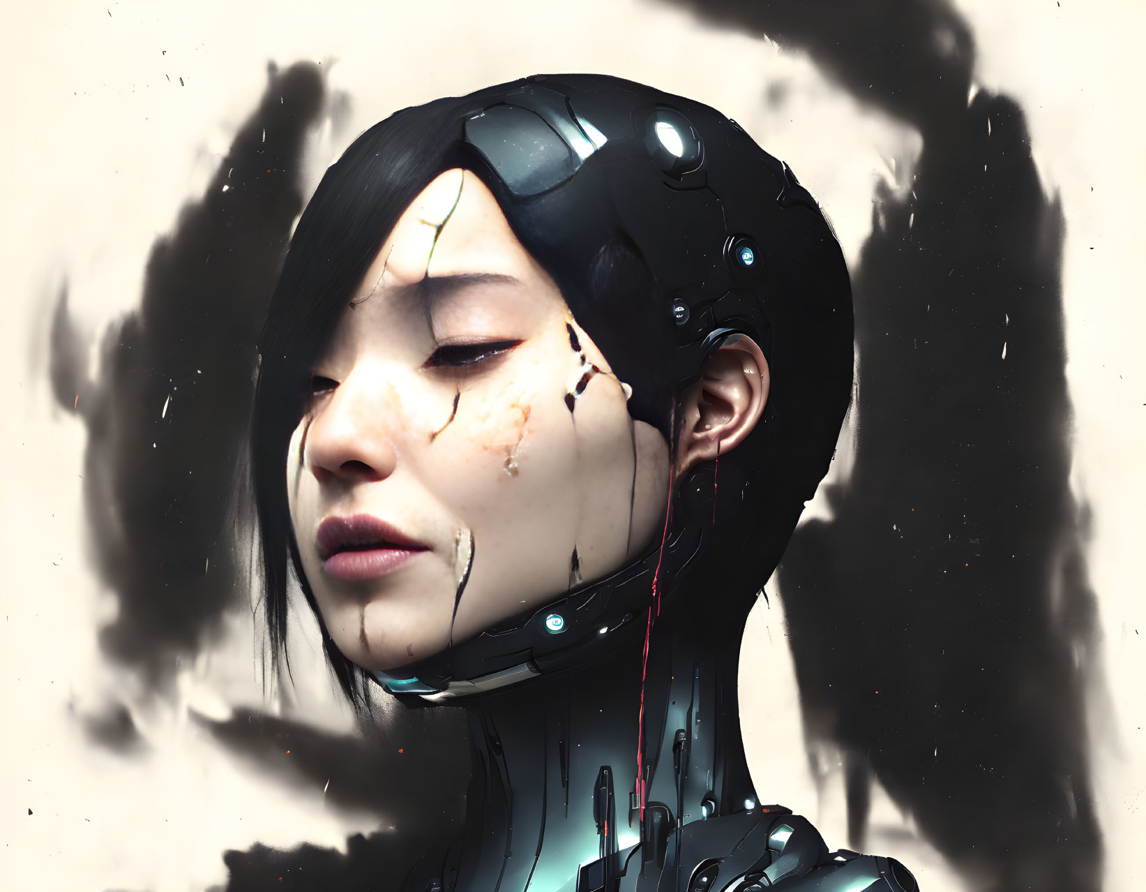 Female Android in Black Helmet Shows Wear and Damage