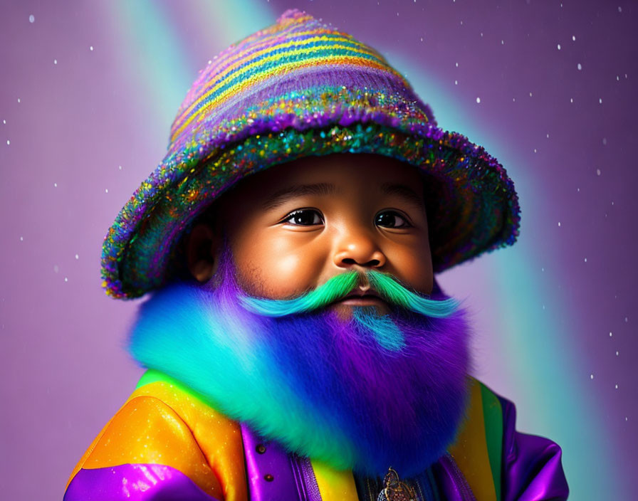 Digitally altered baby portrait with blue beard and striped hat on purple backdrop