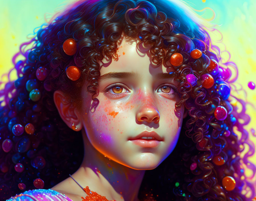 Colorful digital artwork: young girl with curly hair and luminous bubbles.