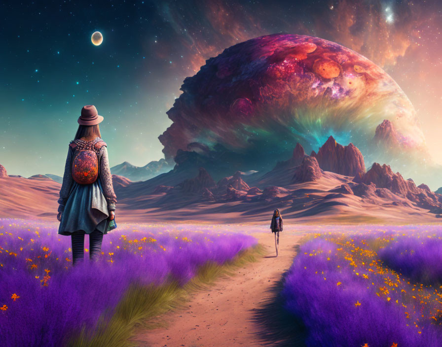 Person on purple flower path gazes at colorful moonrise on alien planet