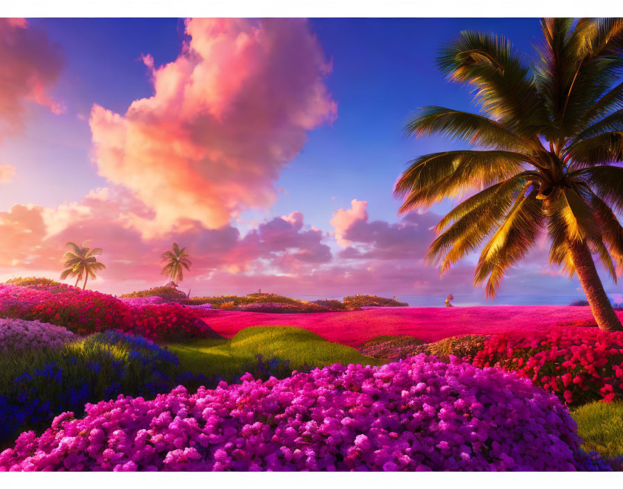 Colorful Sunset Landscape with Flowers, Palm Trees, and Clouds