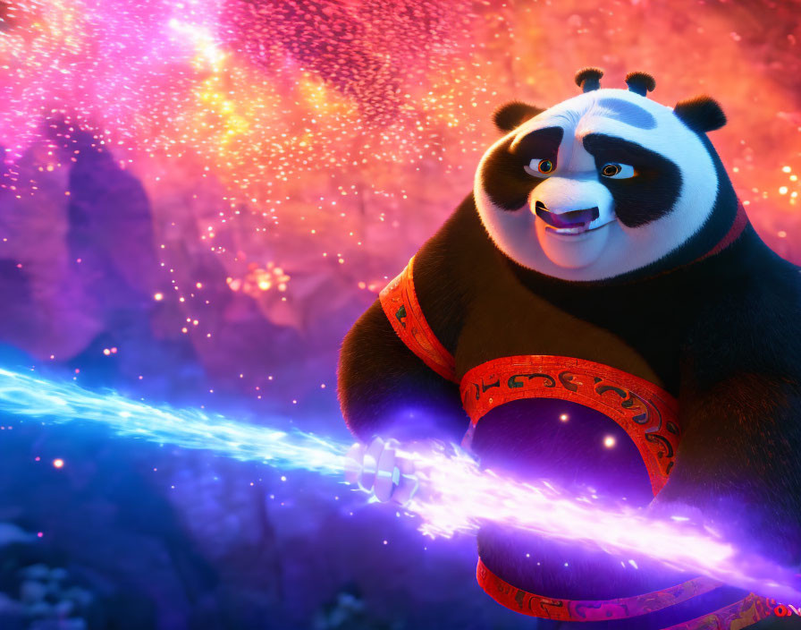 Adorable animated panda with blue light ribbon in vibrant, sparkling lights