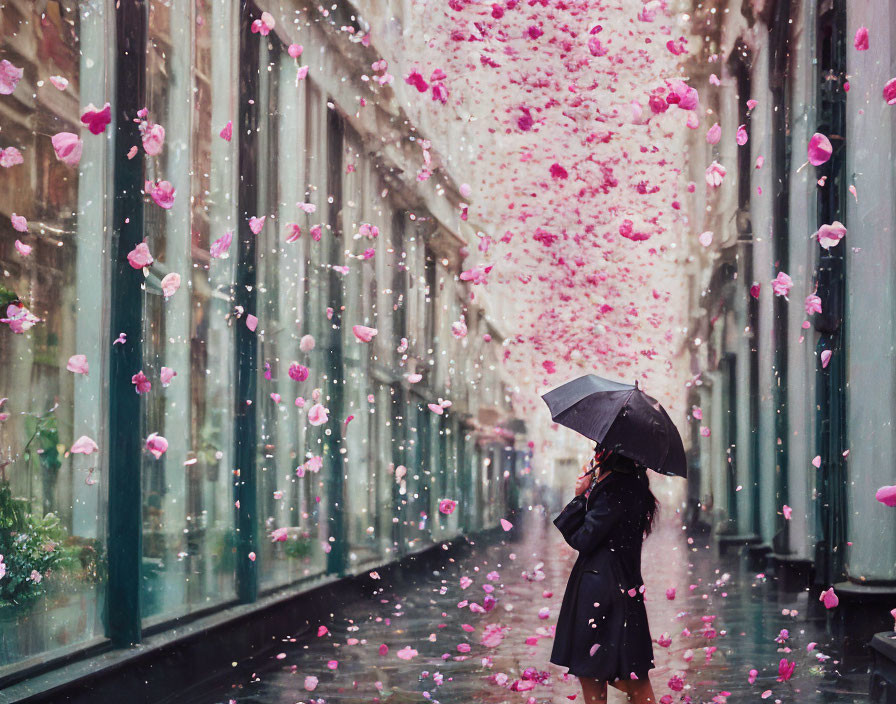 Person with umbrella surrounded by pink petals in glass corridor