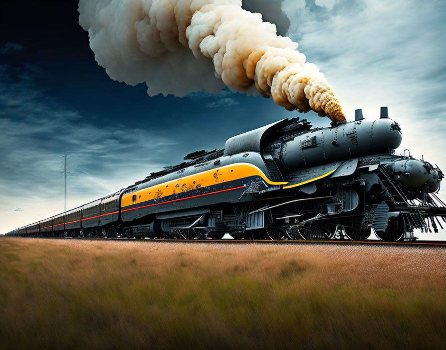 Vintage Black and Yellow Steam Locomotive in Motion on Tracks with White Smoke against Blue Sky with Cloud