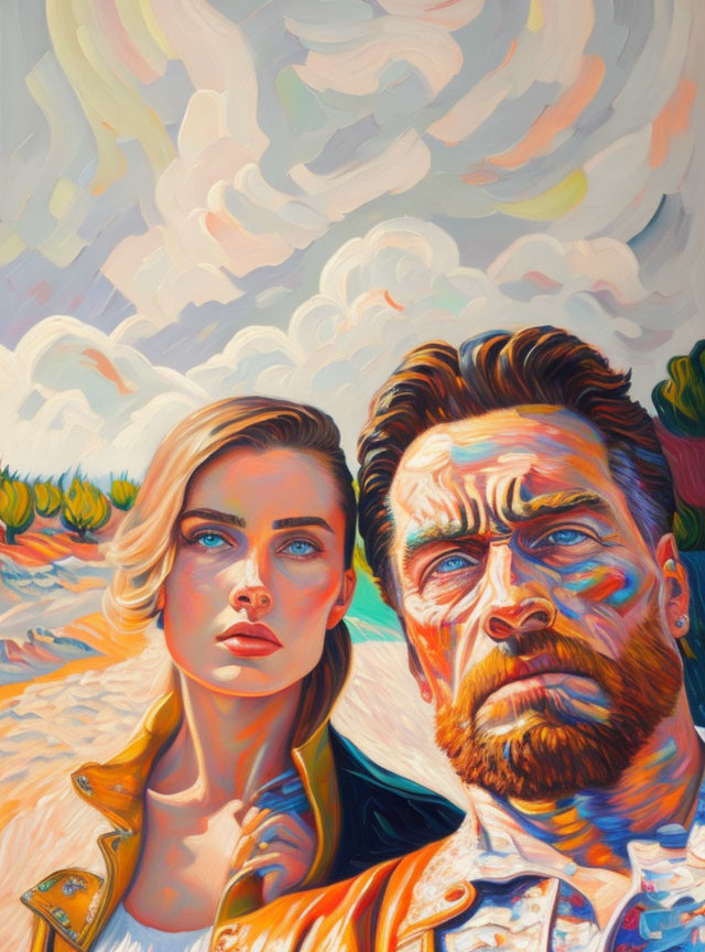 Colorful Illustration of Man and Woman in Dramatic Pose