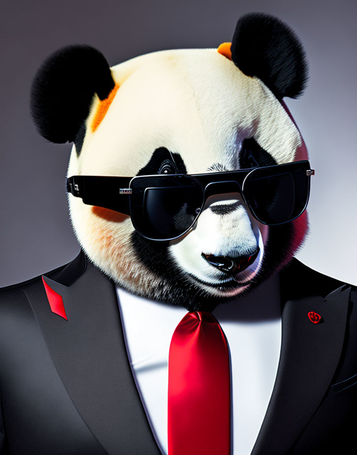 Stylized panda with human body in sharp suit and sunglasses