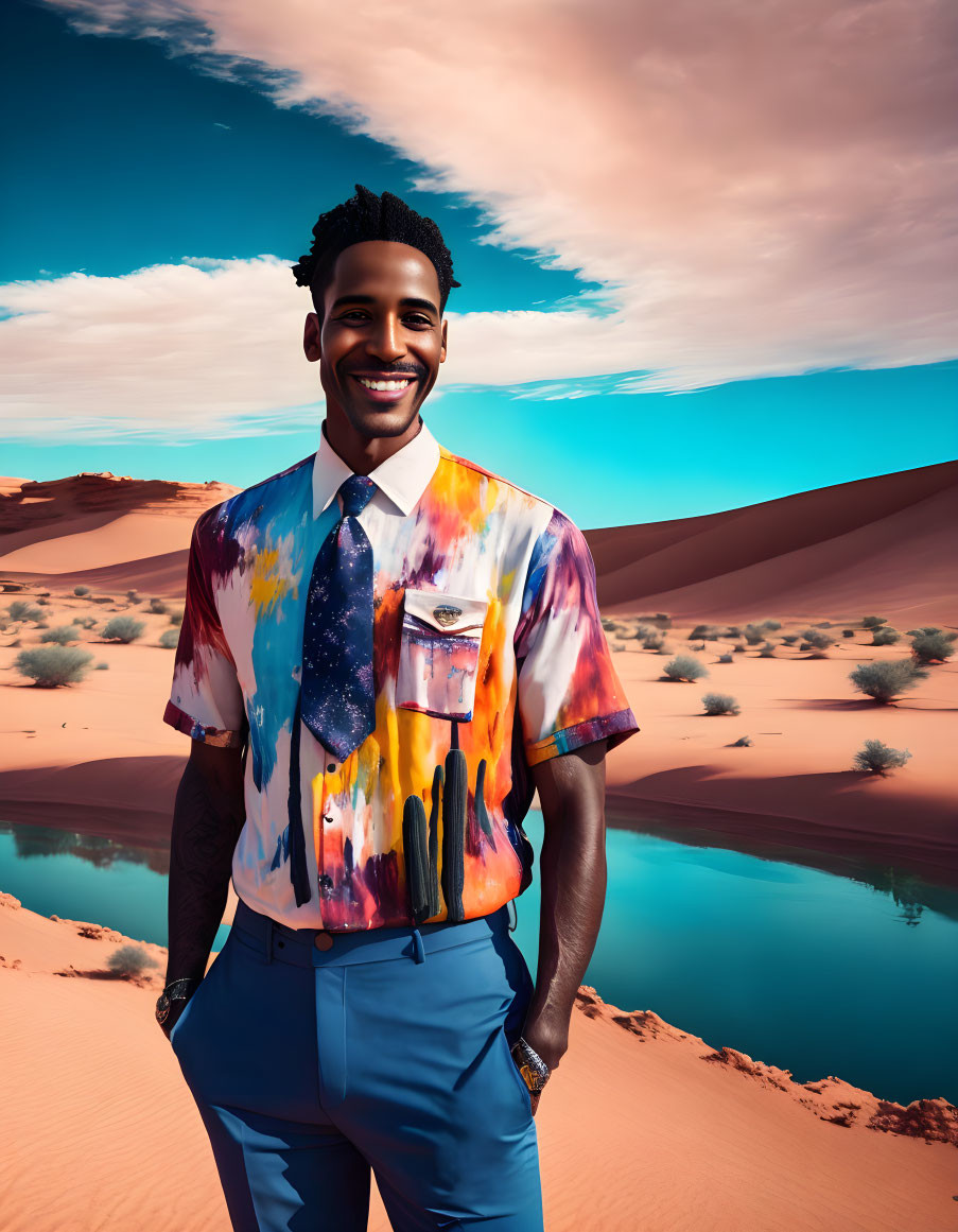 Colorfully dressed man in desert with sand dunes and blue sky