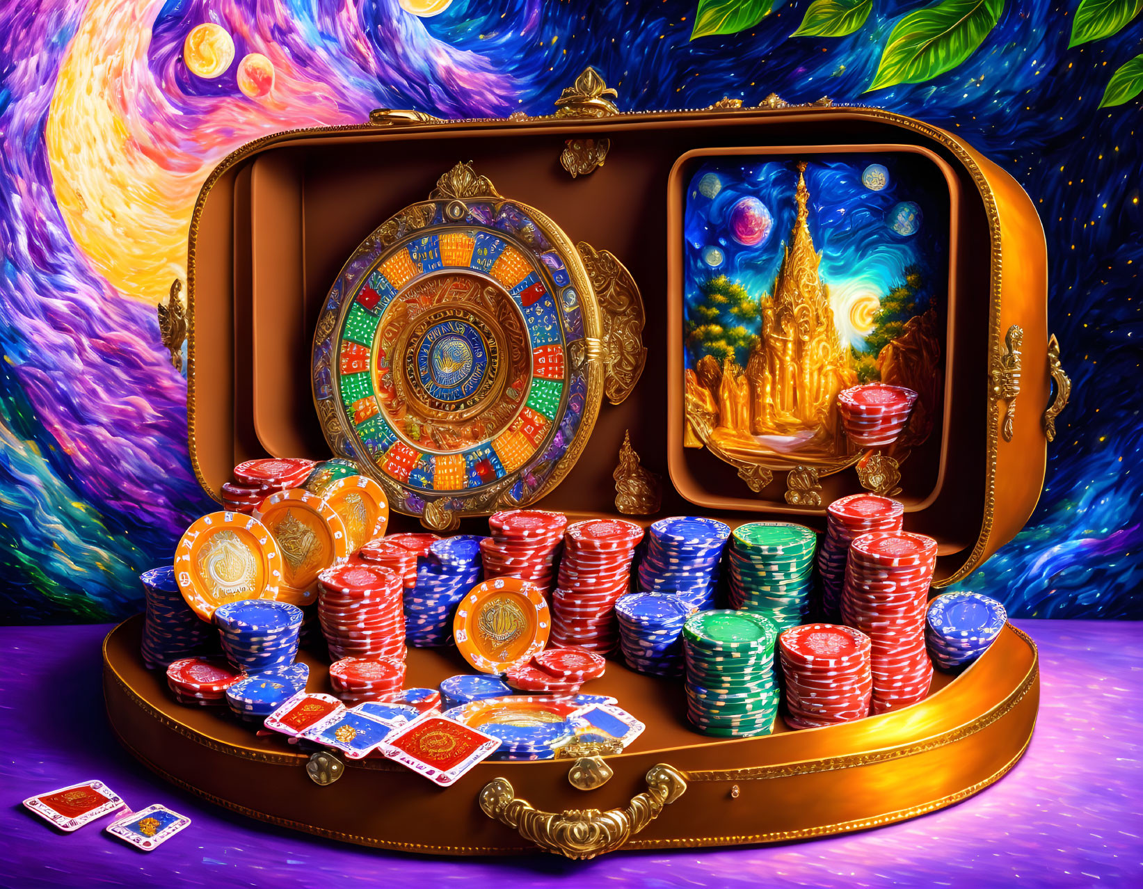 Colorful Roulette Wheel and Painting in Ornate Open Suitcase with Gambling Chips and Cards on Cosmic Background