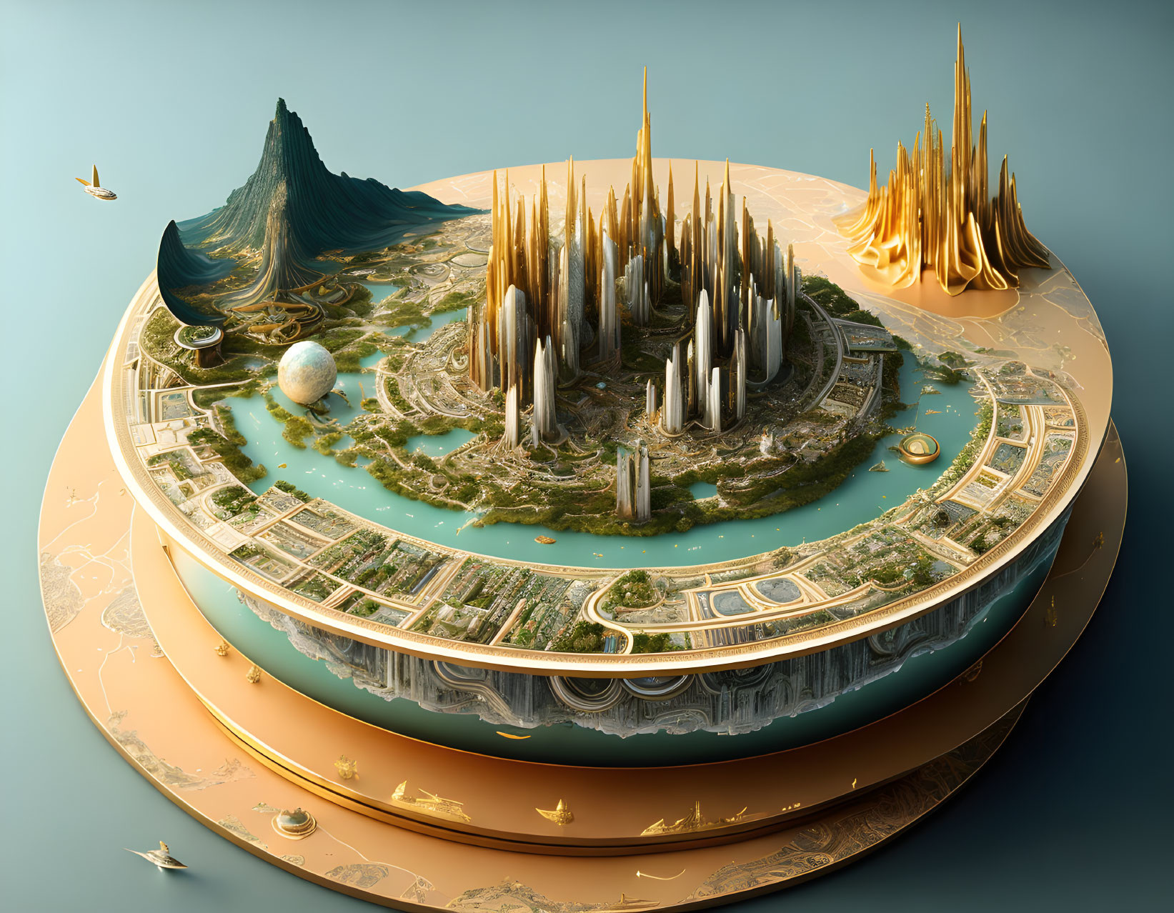 Futuristic cityscape on disk with green spaces and golden spires