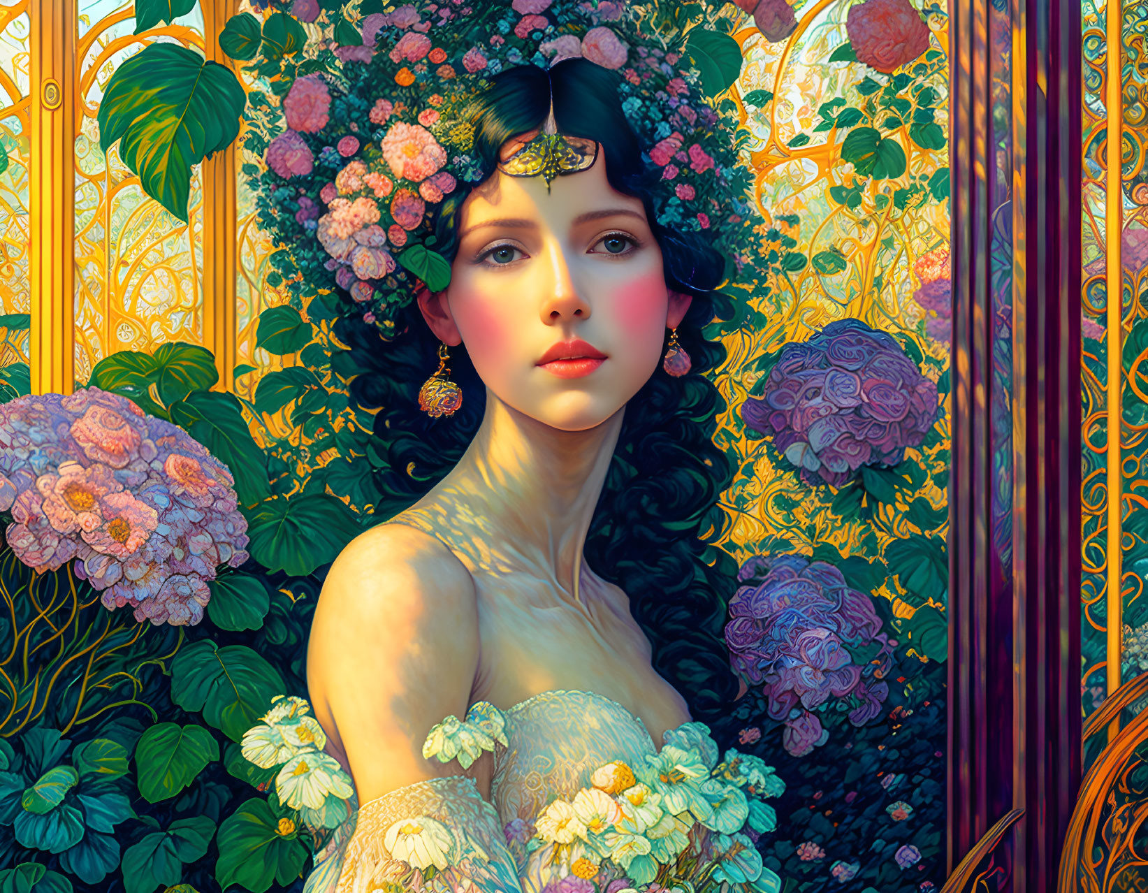 Dark-haired woman with floral hair accessories in vibrant Art Nouveau setting