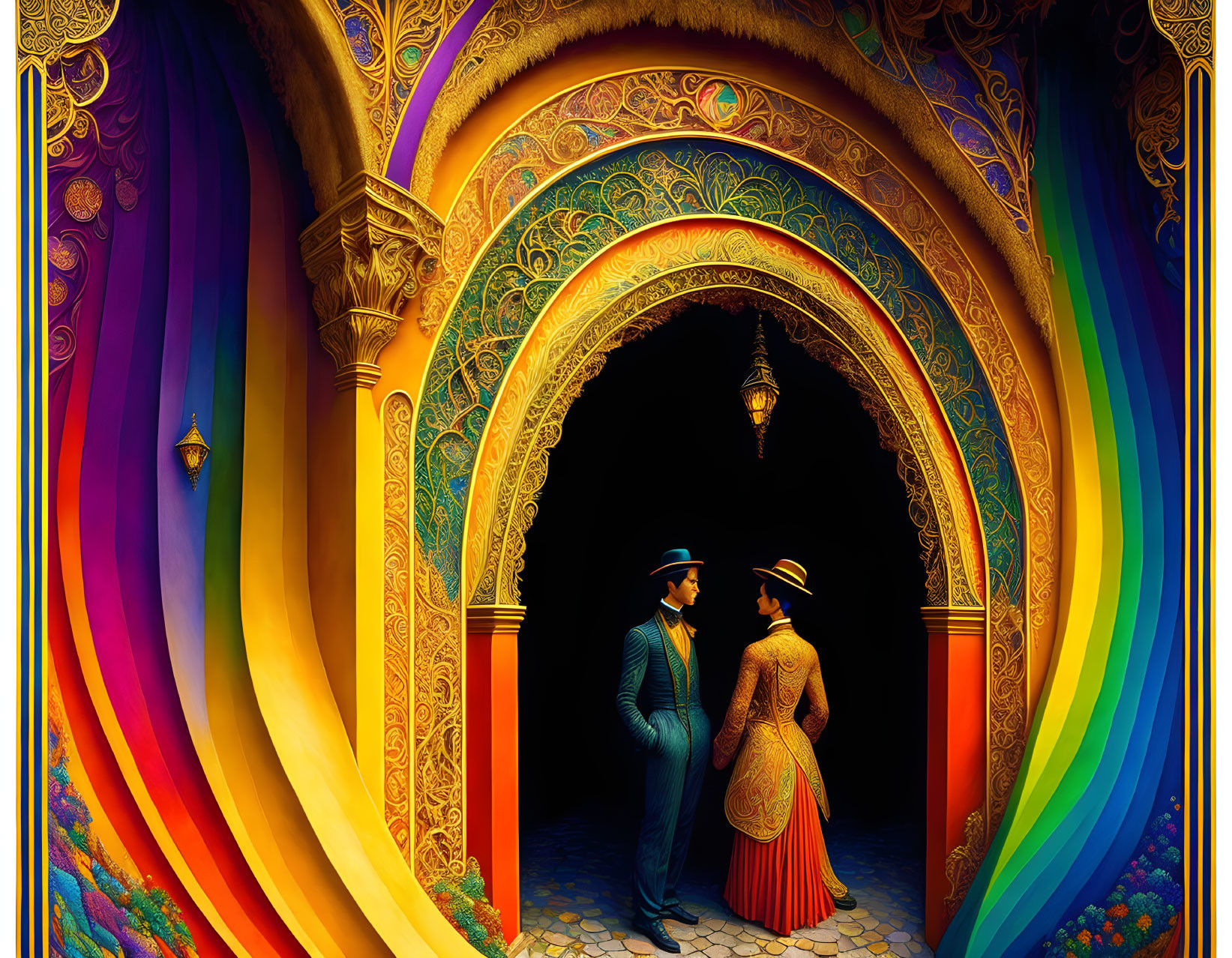 Colorful Vintage Couple Illustration Under Ornate Rainbow Arch