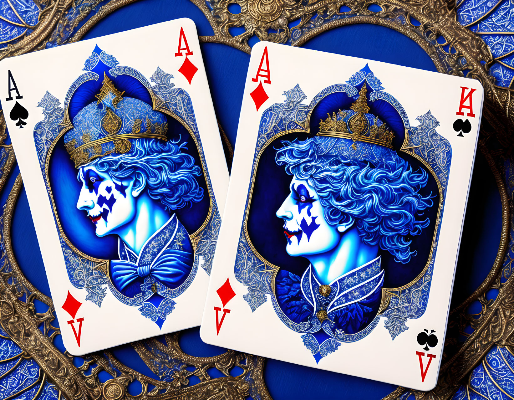 Ornate blue and white king illustrations on cobalt playing cards