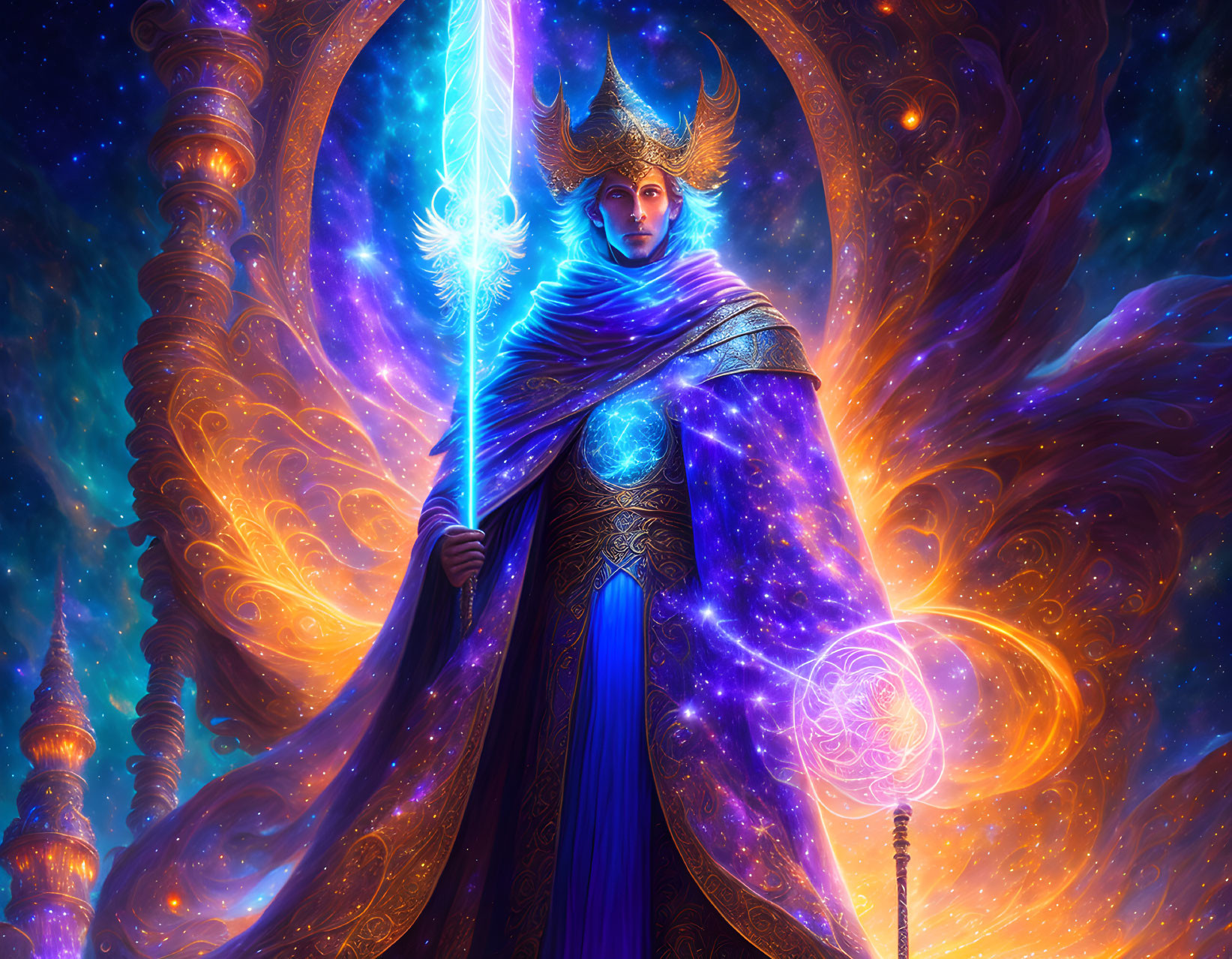 Regal figure in blue robes with glowing staff in cosmic setting